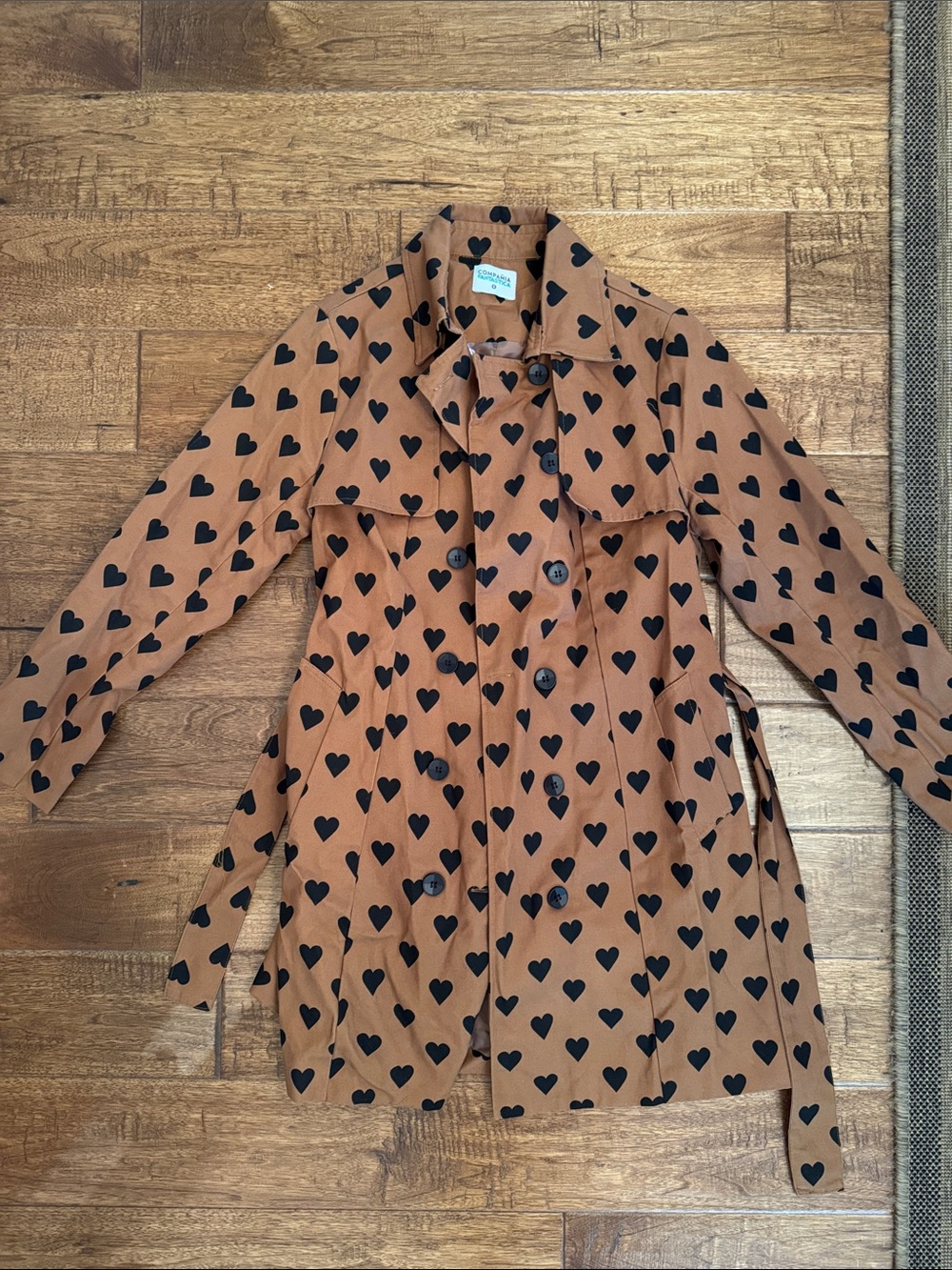 Heart-Print Brown Trench Coat with Black Hearts